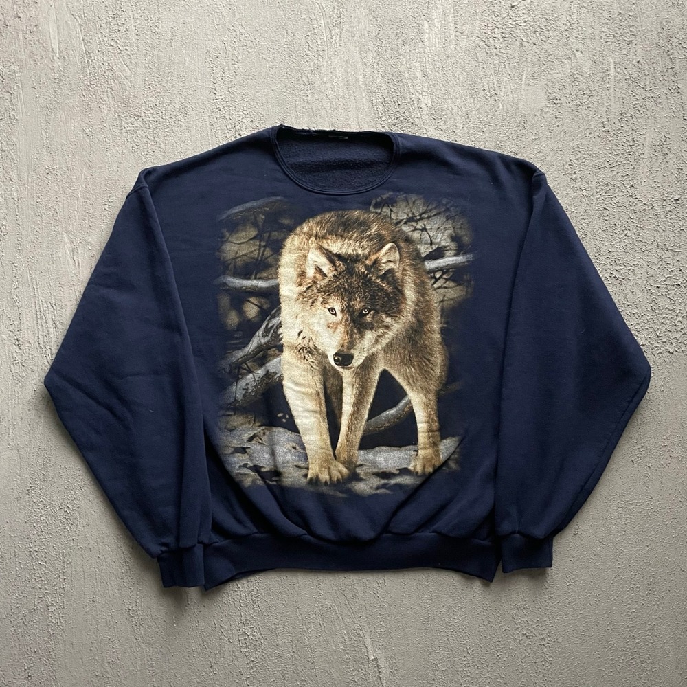 Vintage Wolf Graphic Sweatshirt Mens XL Navy Blue 90s